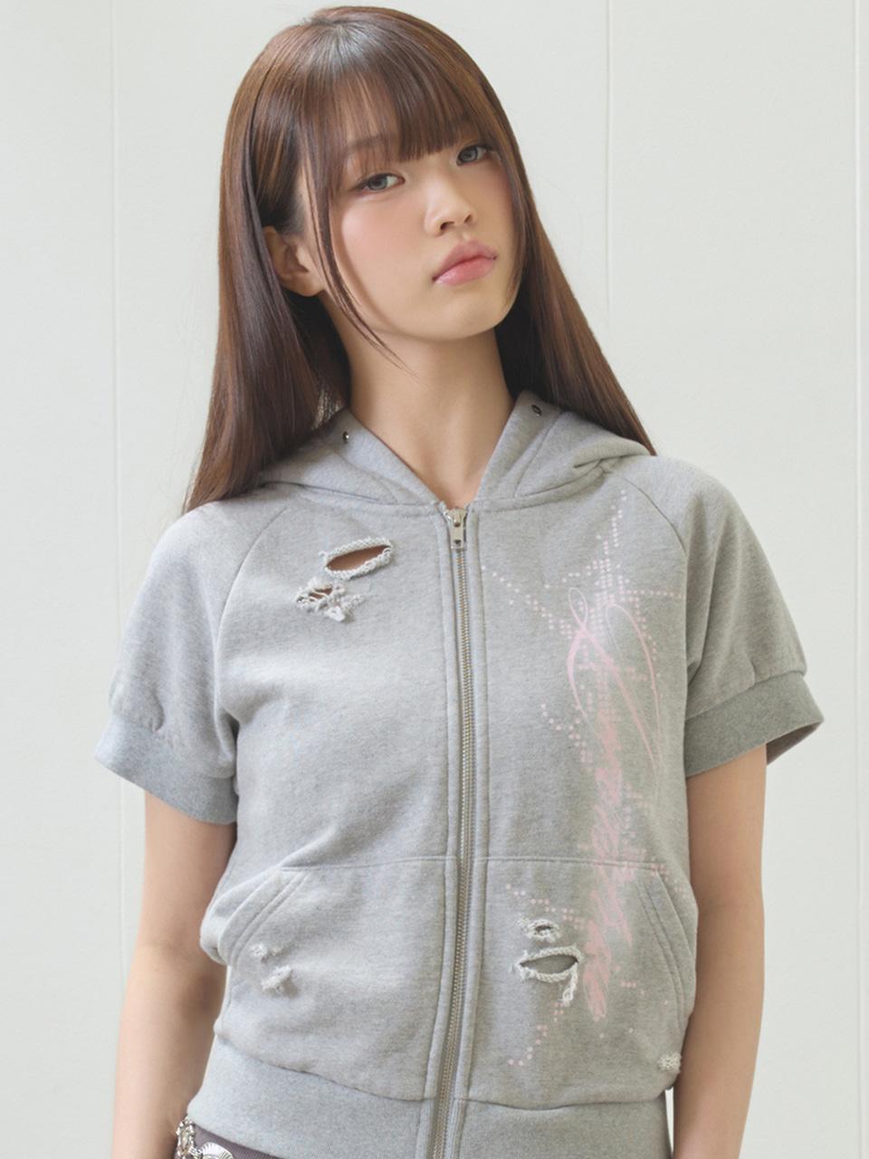 EL DAMAGE SHORT SLEEVED HOOD ZIP UP(GRAY)