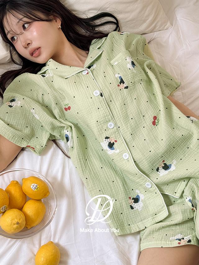 당당걸 [MADE] 빅사이즈 44-110 푸벨 강아지 배색 카라 반팔 셔츠 & 밴딩 반바지 요루 파자마 세트 여름 잠옷