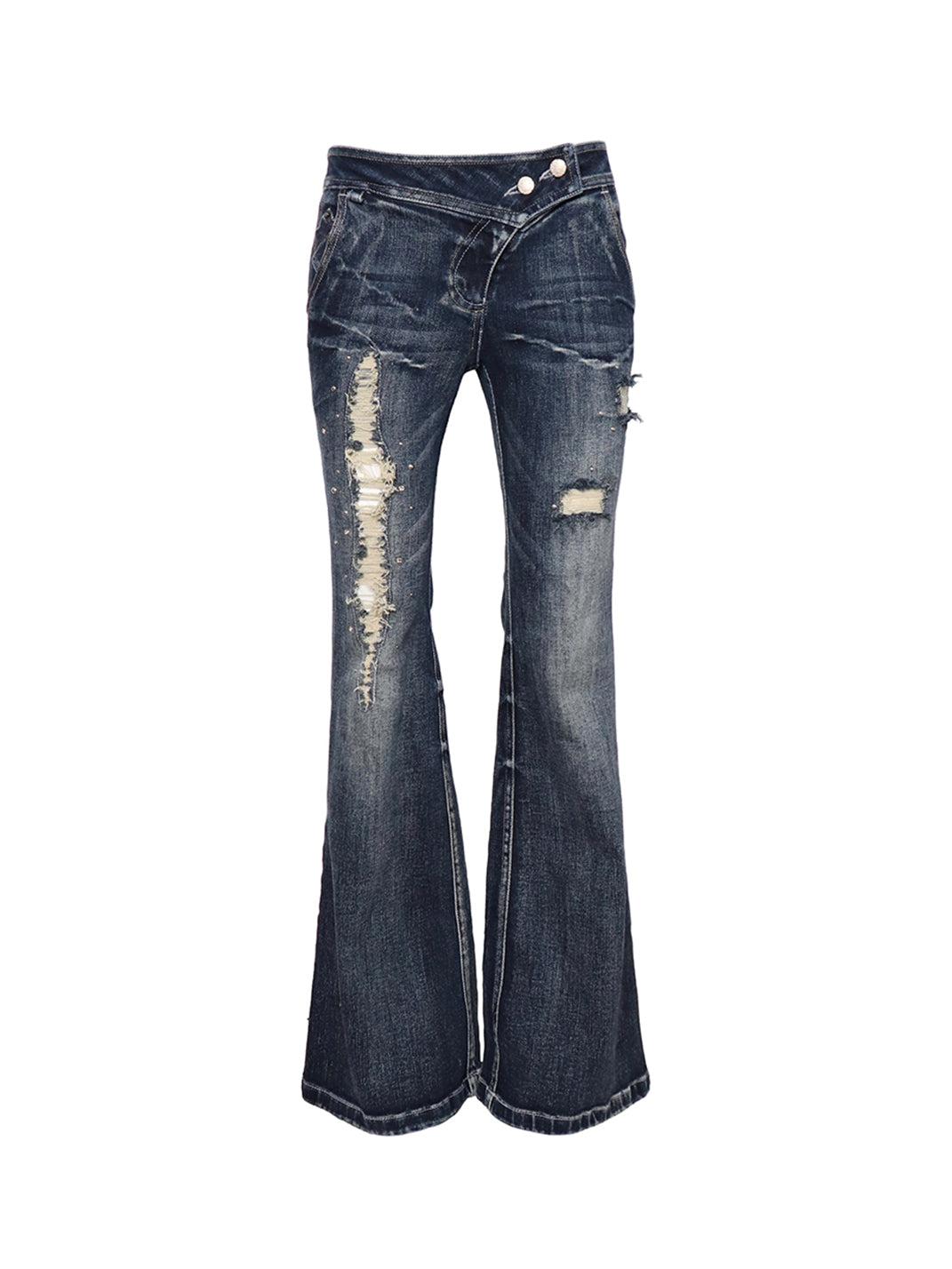 Flowers birds Market | Ripped Rhinestone Flared Jeans - Blue / S
