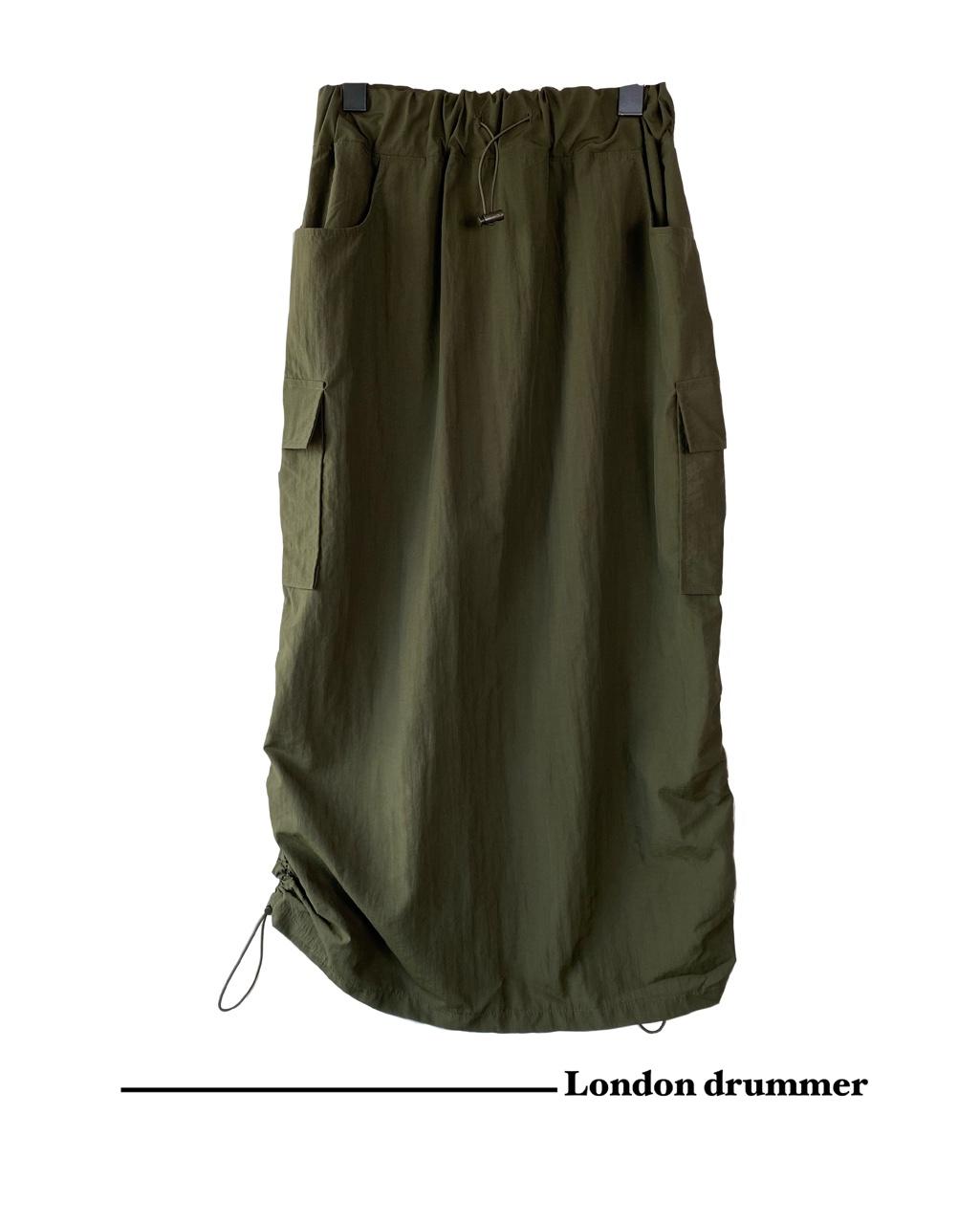 런던드러머 [당일출고]스트링 밑단 셔링 카고 롱 스커트