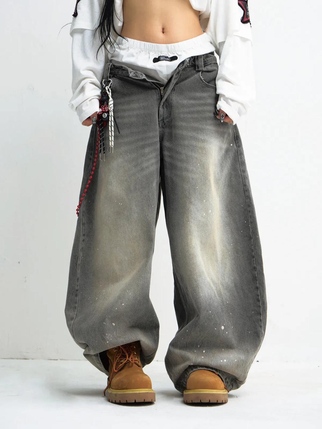 PeopleStyle Vintage Ink-Splatter Grey Wide-Leg Jeans