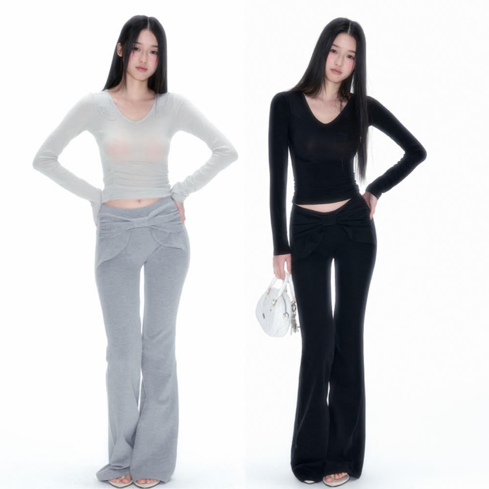 NECY STUDIO 바지 로우라이즈 플레어 팬츠 보타이 포인트 부츠컷 추리닝 바지