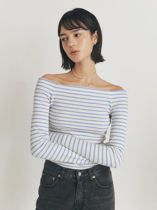 [25S/S 재입고]MANNON off-shoulder stripe T-shirt_Blue Stripe