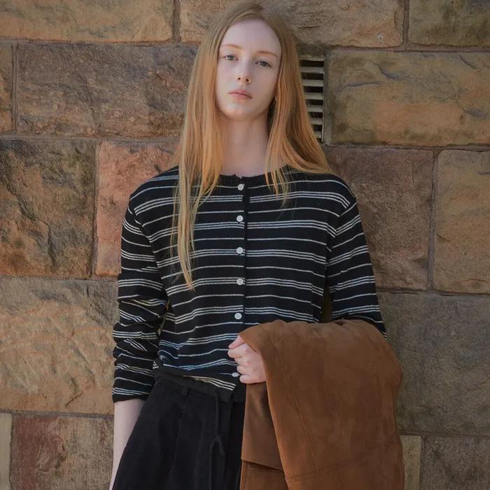 Multi stripe string knit cardigan KNFW01CD03_Black