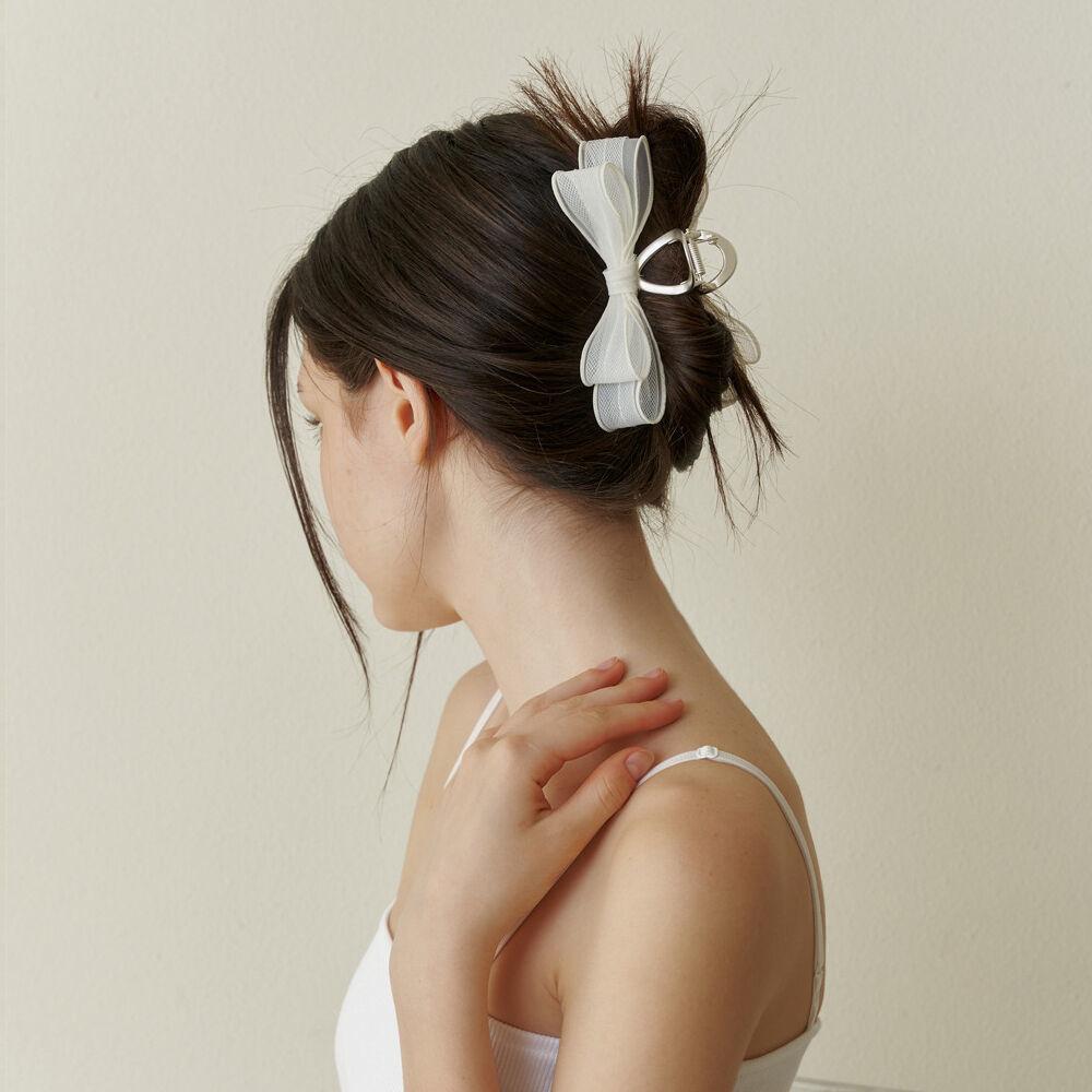 romantic double ribbon silver claw - cream