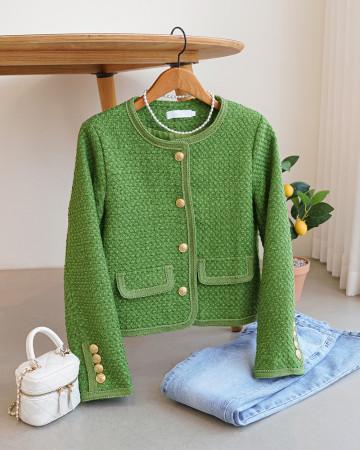 [패타페특가❣️] 발리걸 골드버튼 노카라 그린 트위드 자켓