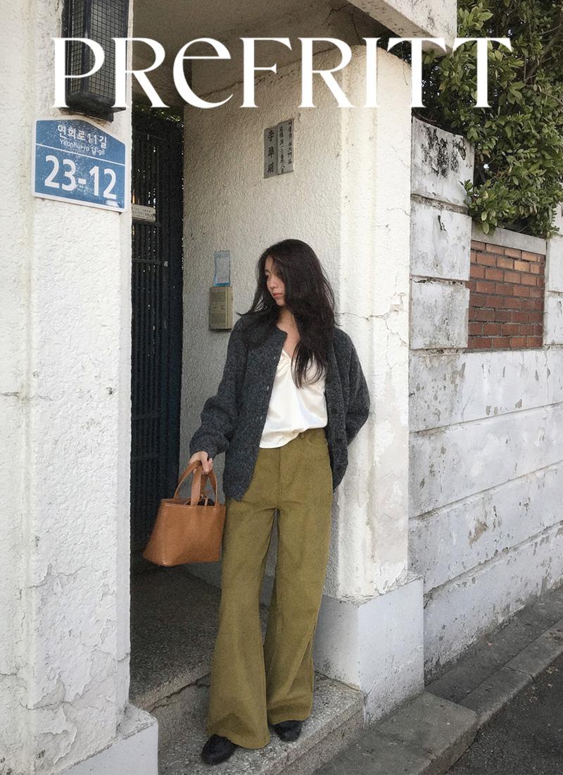 PREFRITT : Curly corduroy wide pants [Olive]