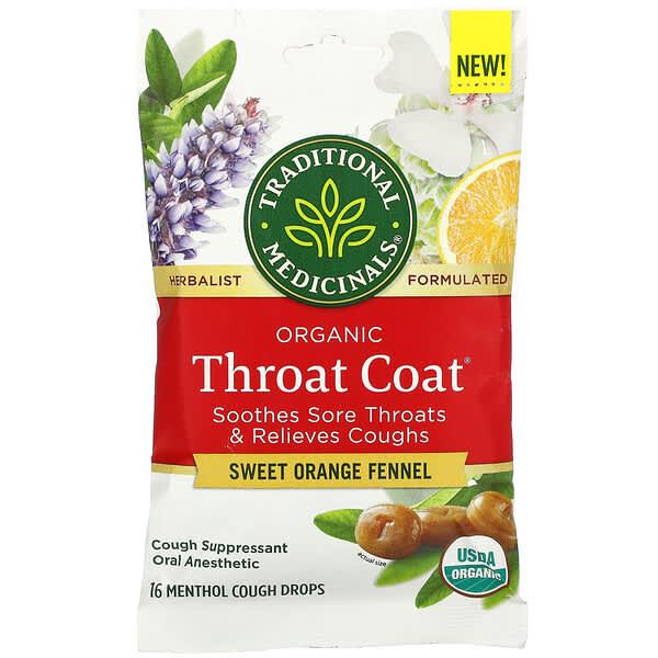 Traditional Medicinals, 유기농 Throat Coat 드롭스, 스위트오렌지 회향, 멘톨 기침약 16개