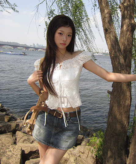 [패드나시+블라우스SET🍦/ 여름휴가 코디추천] 젤링 펀칭 리본 블라우스-3color