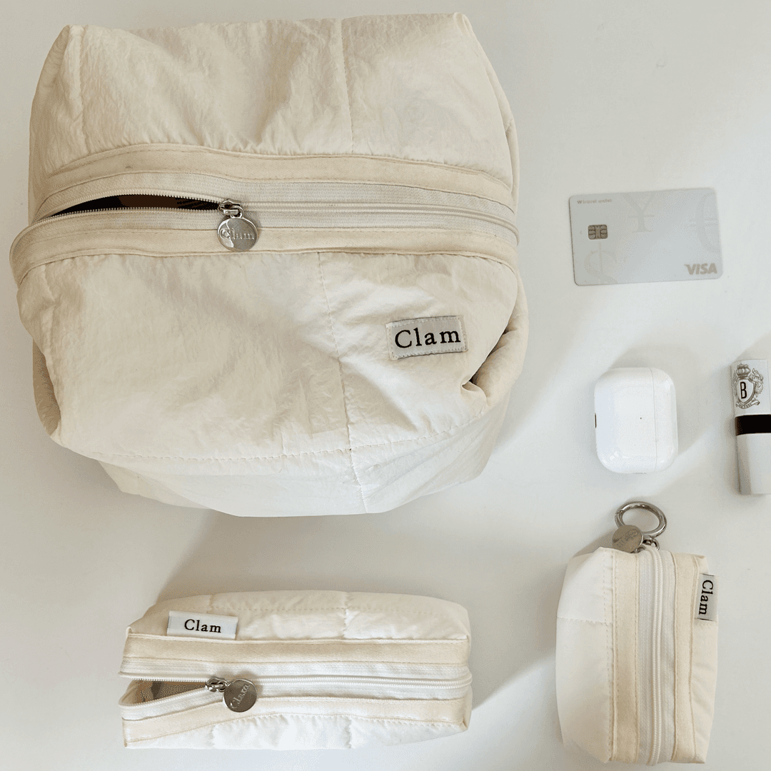 Clam Big round pouch _ Quilting cream