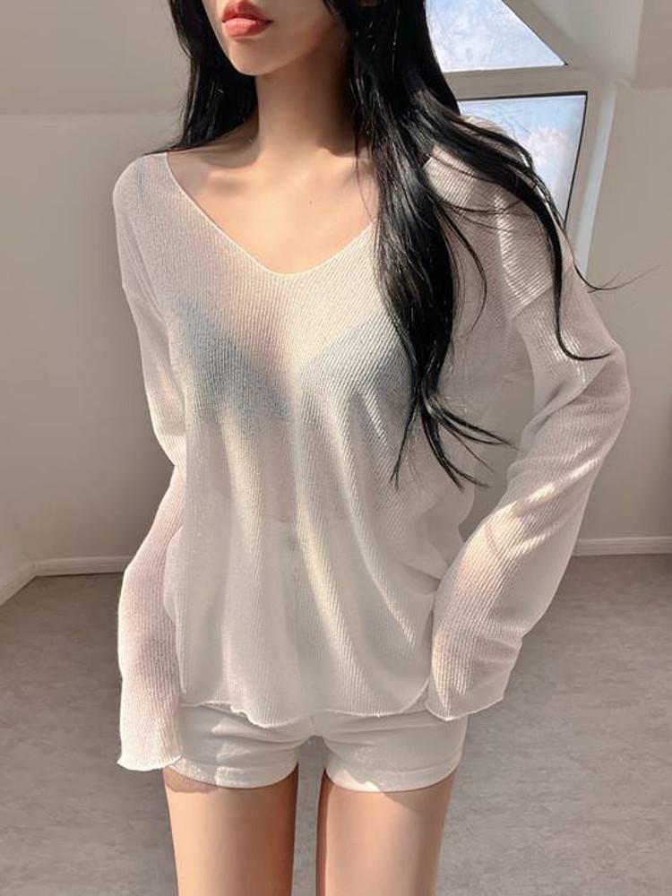 딥 브이넥 린넨 시스루 루즈핏 긴팔티 4color