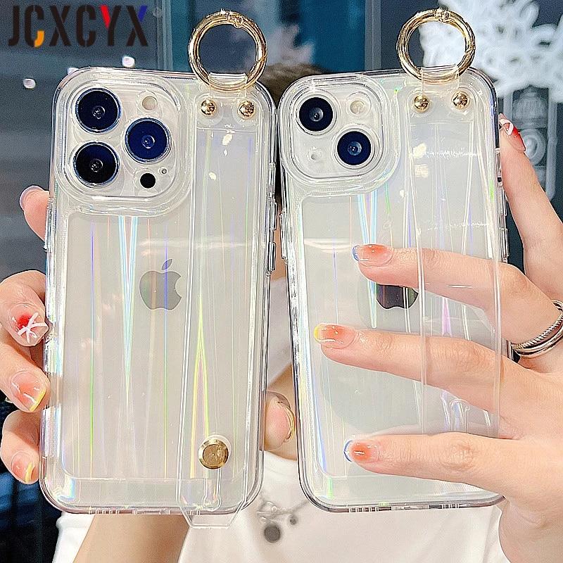 Luxury Shockproof Clear Hard Case for iPhone 14 13 12 Pro Max 11 X XR XS 7 8 Plus SE3 Laser Transparent Wristband Holder Cover