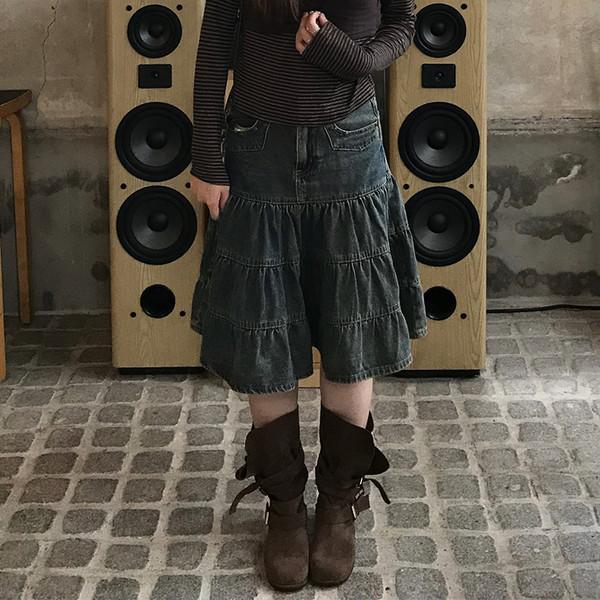 시어 데님 캉캉 스커트 ( sear denim tiered skirt )