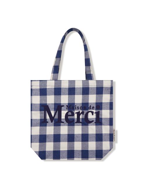 체크 패턴 메르시 로고 체인 자수 에코백 네이비(FCE5BG006P)