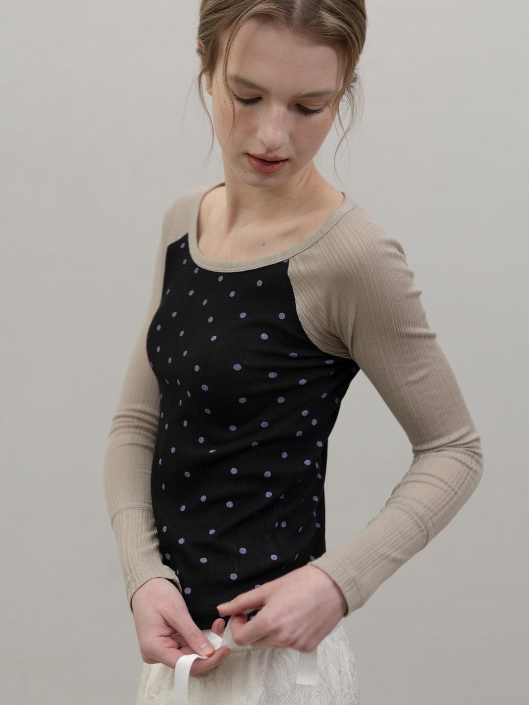 Sheer Polka Dot Raglan Top - Black