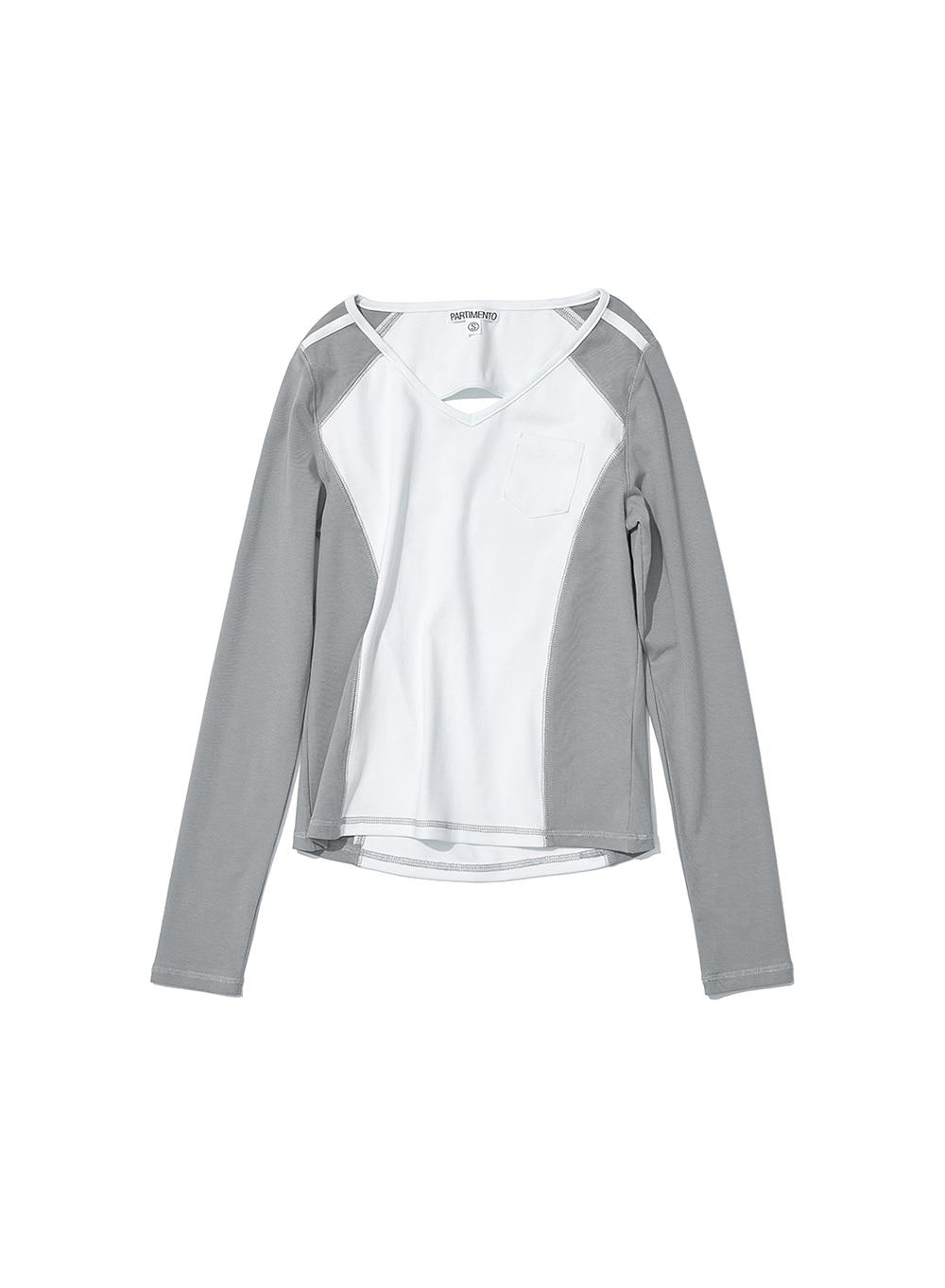 [WOMEN] CUT OUT V-NECK COLORBLOCK LONG SLEEVE TEE_WHITE