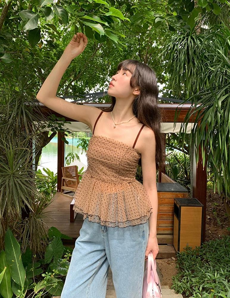 레이스 쉬폰 도트 끈나시 탑