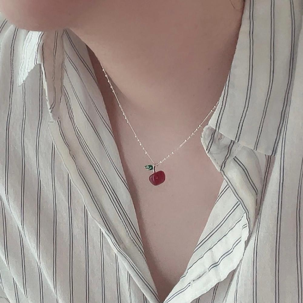 실버925 크리스탈 사과 펜던트 목걸이 2color 클리어투명 레드 실버 골드 체인