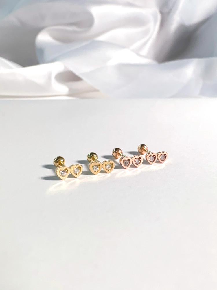 14k 골드 더블 하트 큐빅 피어싱 귀걸이