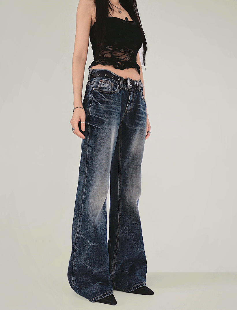 RHODEEP LOW CRACK SLIM WIDE BOOTCUT DENIM JEANS 로딥 진청 로우 크랙 워싱 슬림와이드 부츠컷 데님진