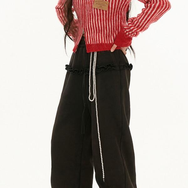 Frill Detiailed Fur lining Sweat Pants