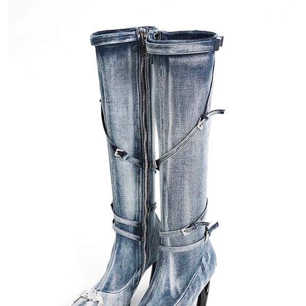 Diagonal Belt Pointed Knee High Denim Boots