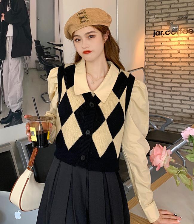 다이아몬드 숏 니트조끼 / 셔링 퍼프 크롭 셔츠