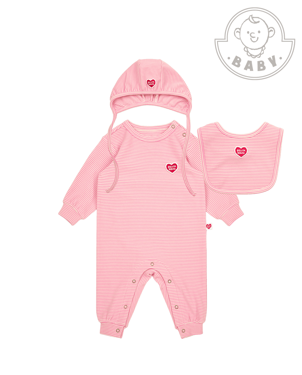 [BABY SET] Pink Stripe Brushed Jumpsuit & Bib & Bonnet