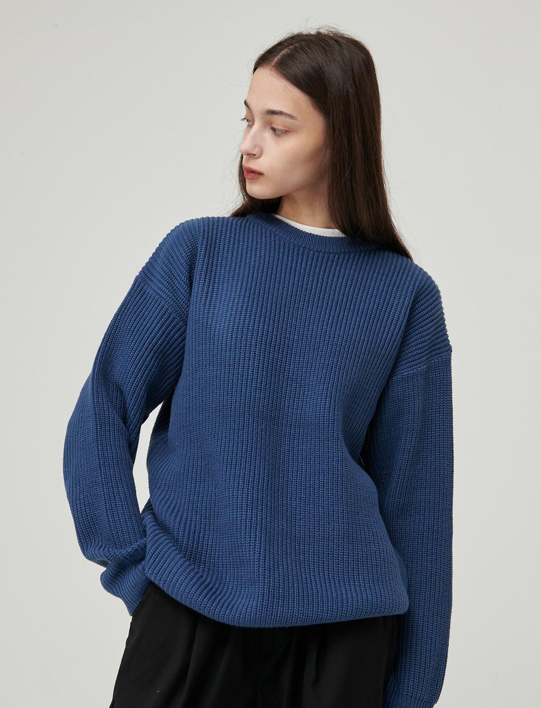 오버핏 와플 라운드 니트 딥블루