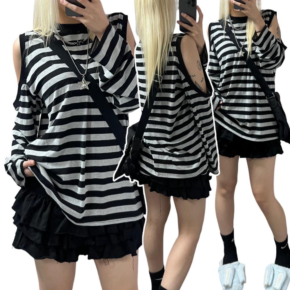 Striped shoulder slit dress Tee (1color)