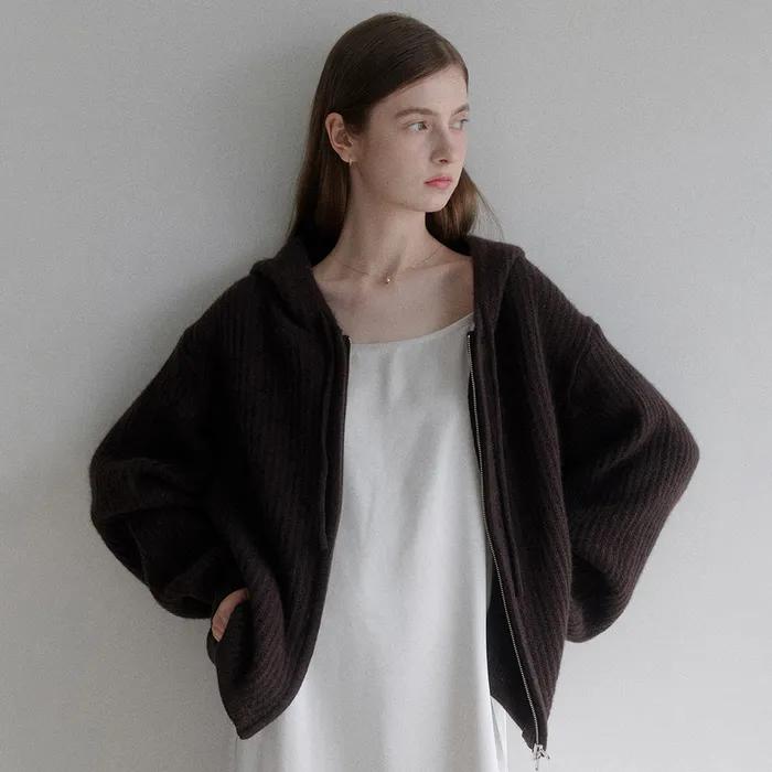 esy cashmere hood knit zip up_brown