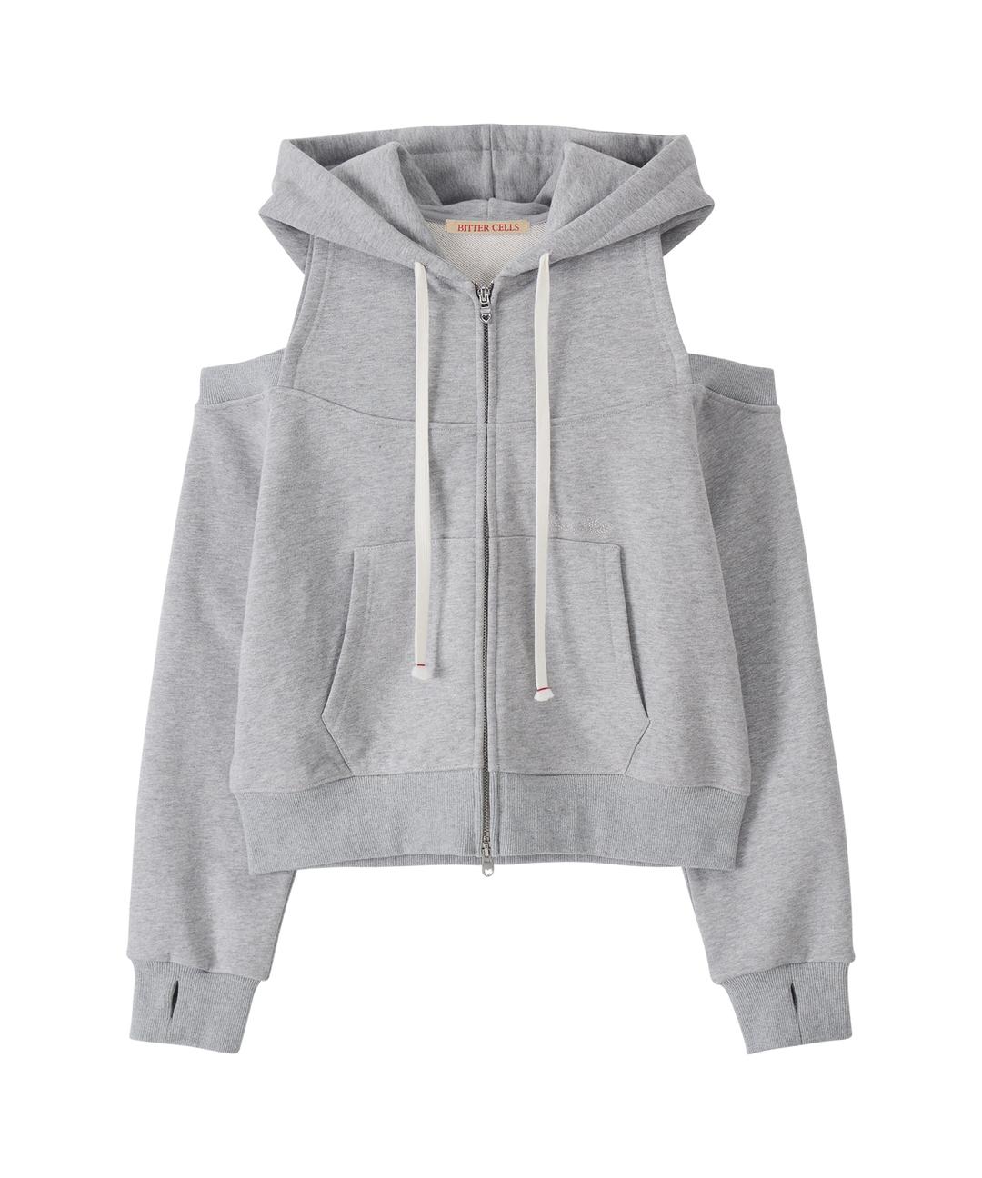 Split Cut Out Hood Zip Up-Grey