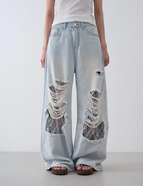 lace deep damage denim pants