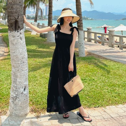 (당일출고) 루블랙 롱 맥시 비치 스모크 블루 리본 원피스 휴양지룩 비치원피스 동남아 스모크 해변 여행 하와이 여름