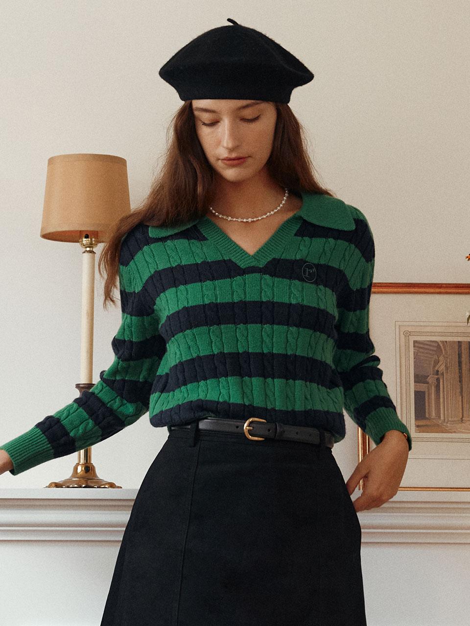 COLLAR STRIPE BOARDER KNIT GR+NV