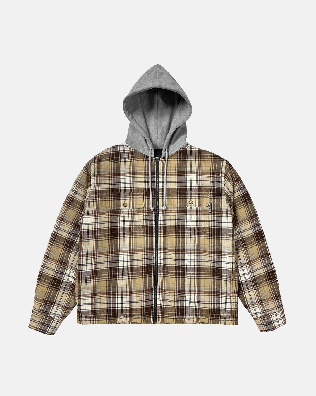 Hooded Zip Up Plaid Shirt Jacket (Brown)