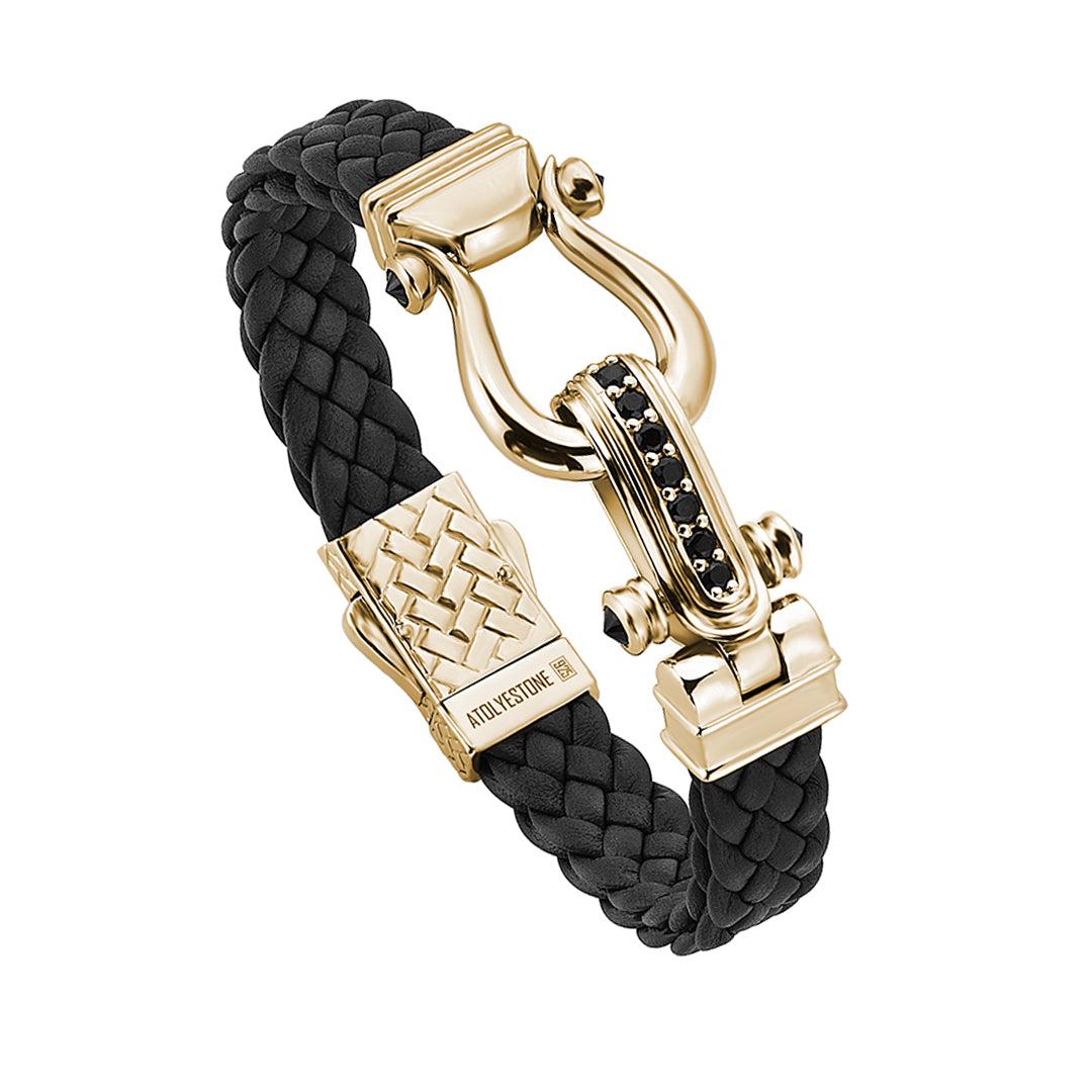 Atolyestone Iconic Leather Bracelet in Silver - Yellow Gold / Black Nappa / S