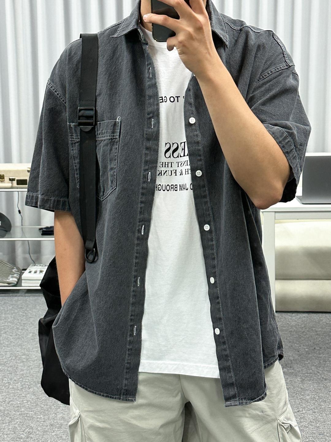 mire pocket denim half shirt (3color)