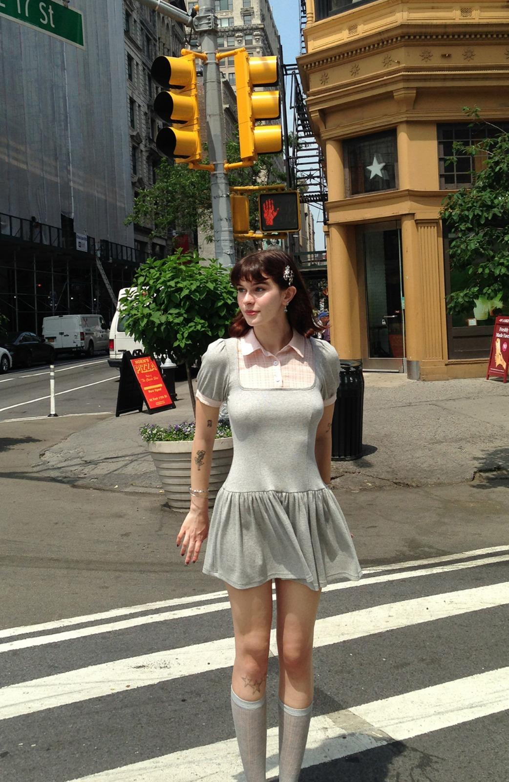 코튼.모달.스판) plaid puff-sleeve button-up dress-gray/pink