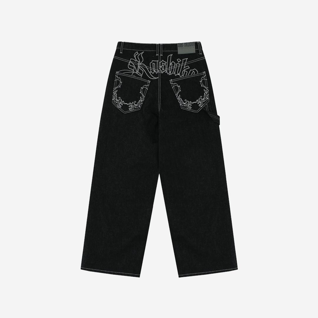 Kashiko Embroied Nonfade Denim Pants Black