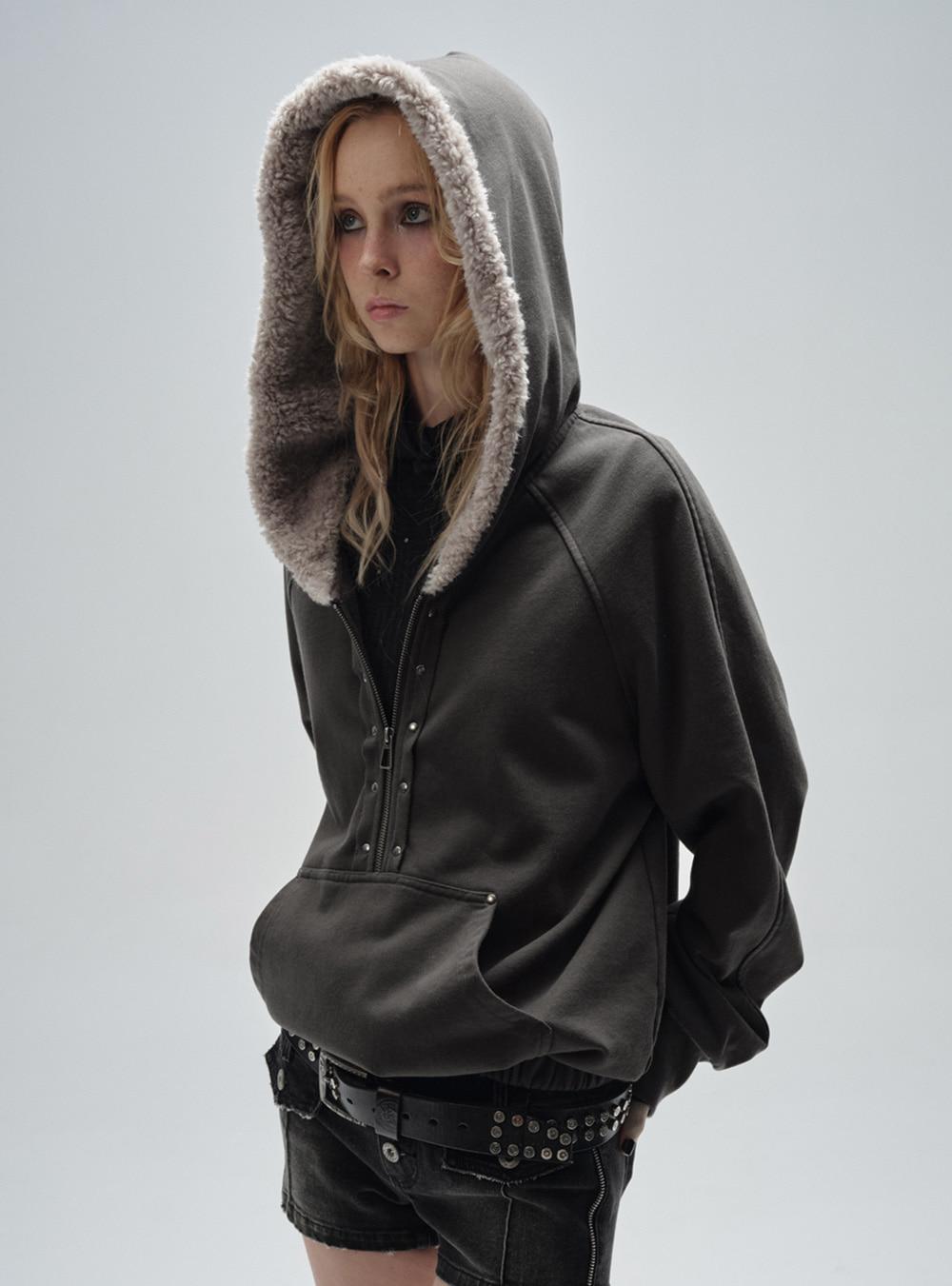 Fur Spliced Half-Zip Hoodie Sweatshirt