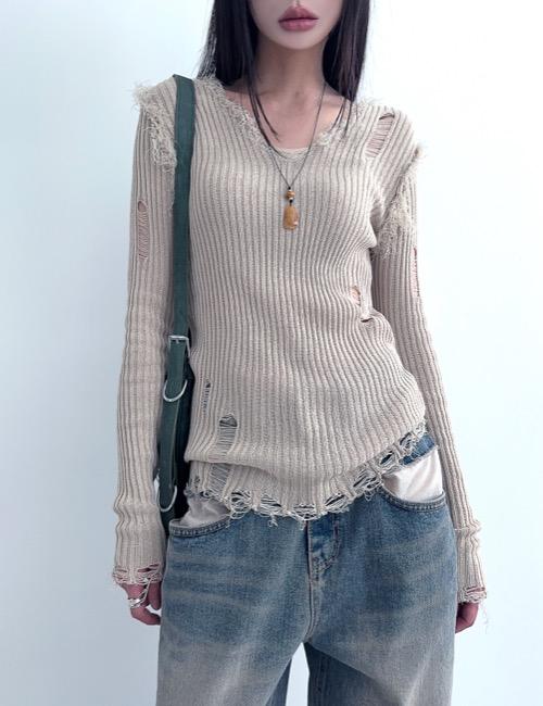 damage V-neck loose knit