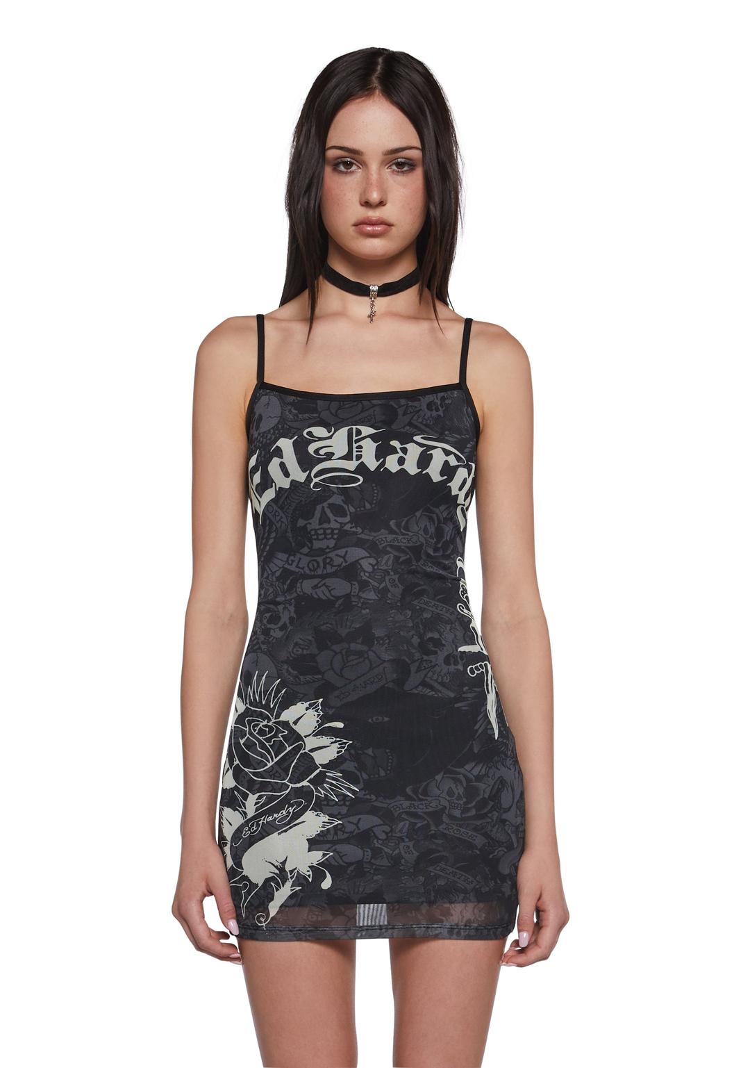 Dagger Rose Mesh Dress - BLACK / Large
