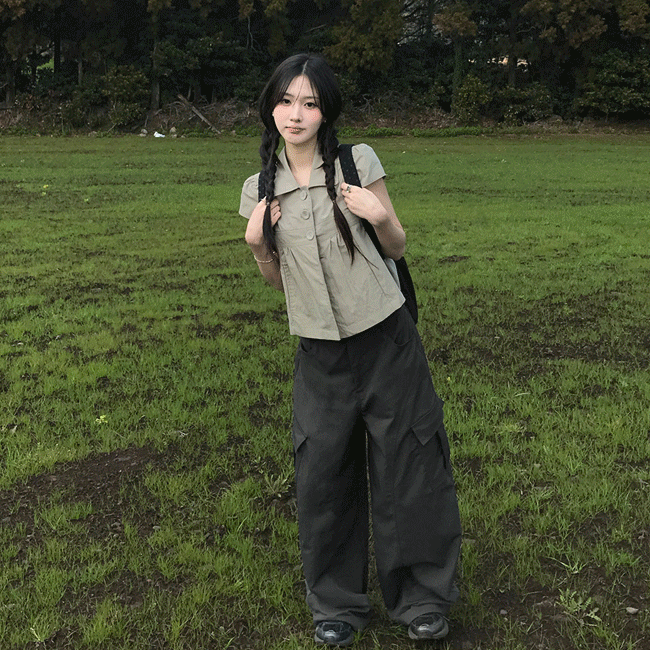 [여리핏☘/히든버튼] 캡소매반버튼카라블라우스 (2color)