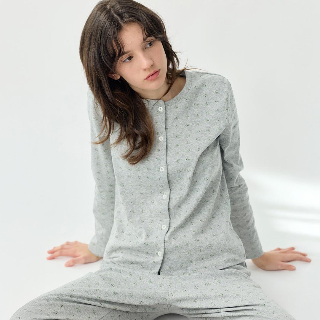 에블린 플라워 여성 잠옷 세트 홈웨어 파자마 긴팔 긴바지 그레이