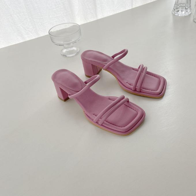 라썸 스퀘어토 볼륨 스트랩 통굽 미들힐 뮬 슬리퍼 샌들 6cm