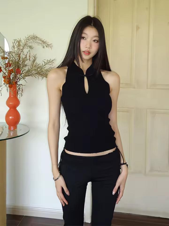 새로운 중국 스타일 스탠드 칼라 레트로 버튼 블랙 니트 조끼 여성 여름 야외 꽉 섹시한 짧은 민소매 탑