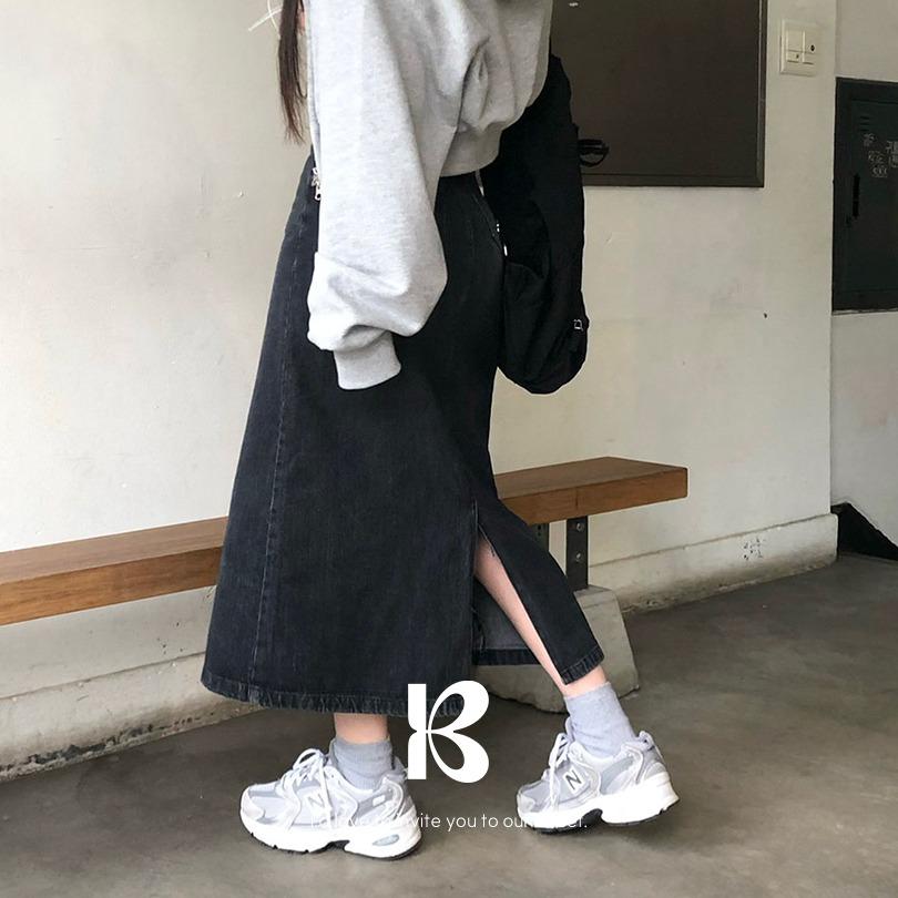 베이델리 [당일출고][MADE/숏,롱]슬릿 베이직 트임 롱 데님 스커트