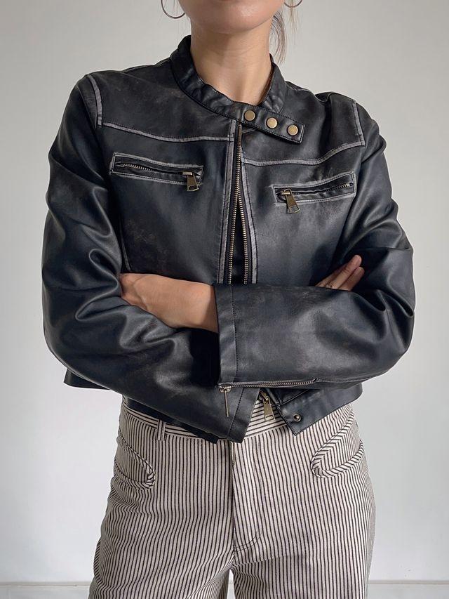 빈티지 투톤 워싱 크롭 라이더자켓 바이커 가죽자켓