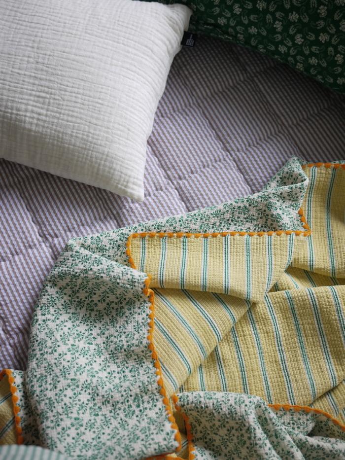 triple cotton blanket Ⅱ green plant + yellow stripe